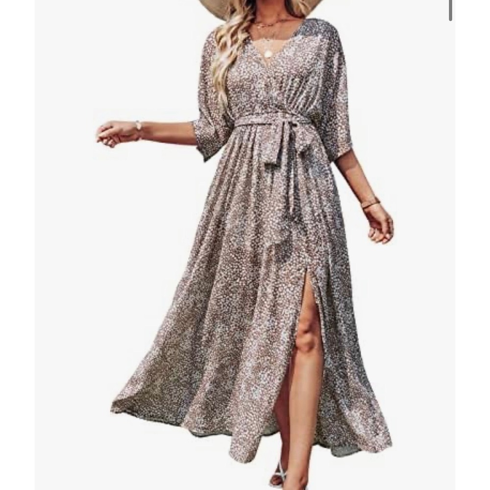 Anrabess Beige Print Faux Wrap Maxi Summer Beach Long Dress Large Lined Dolman